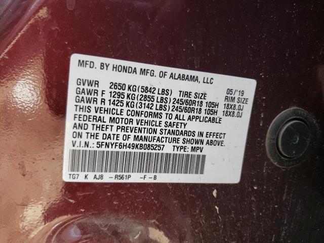 5FNYF6H49KB085257 | 2019 HONDA PILOT EXL