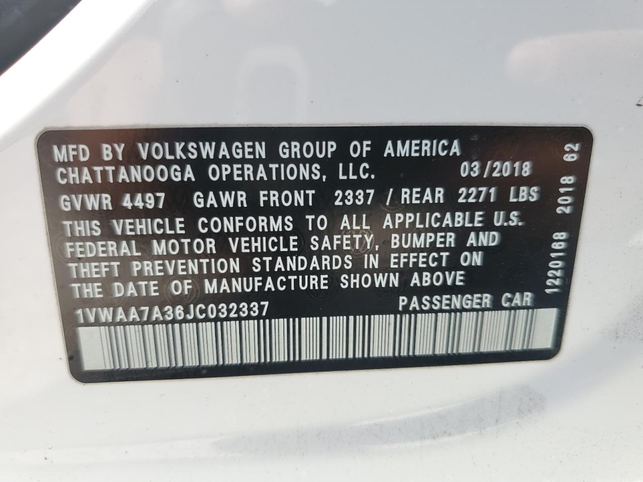 1VWAA7A36JC032337 2018 Volkswagen Passat S