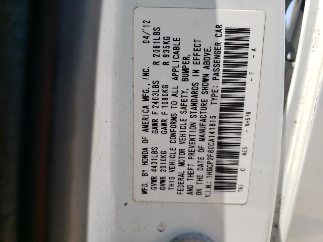 1HGCP2F80CA141815 2012 Honda Accord Exl