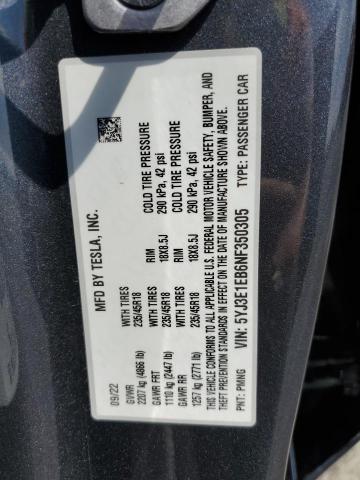 5YJ3E1EB6NF350305 Tesla MODEL 3