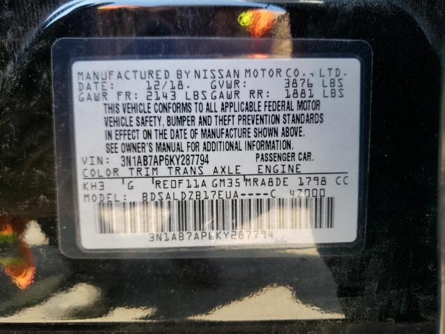 3N1AB7AP6KY287794 | 2019 NISSAN SENTRA S