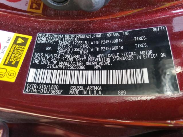 VIN 5TDJKRFH1ES056386 2014 Toyota Highlander, Xle no.13