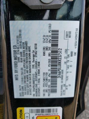 3FA6P0LU8KR237512 2019 FORD FUSION, photo no. 12