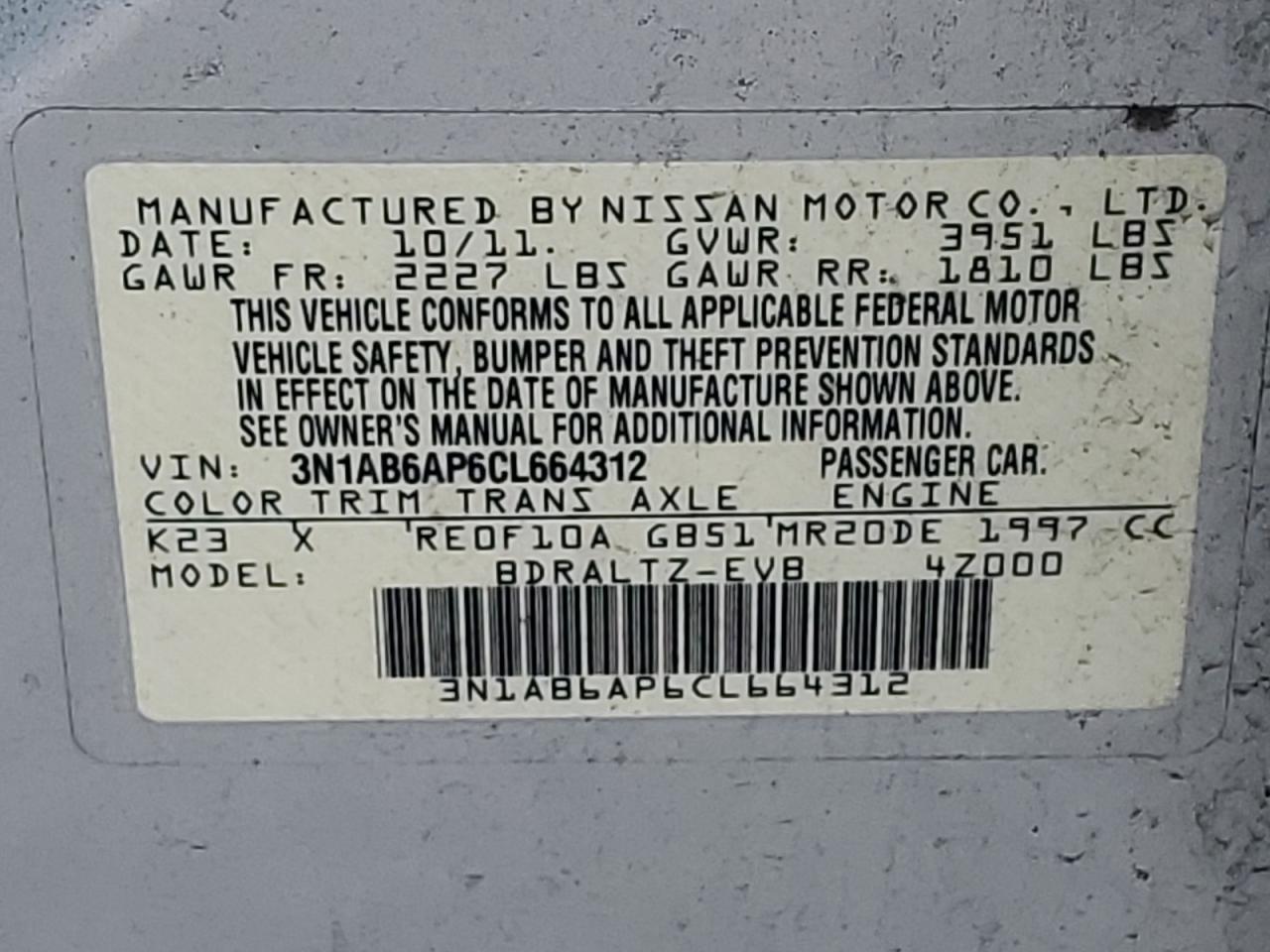 3N1AB6AP6CL664312 2012 Nissan Sentra 2.0