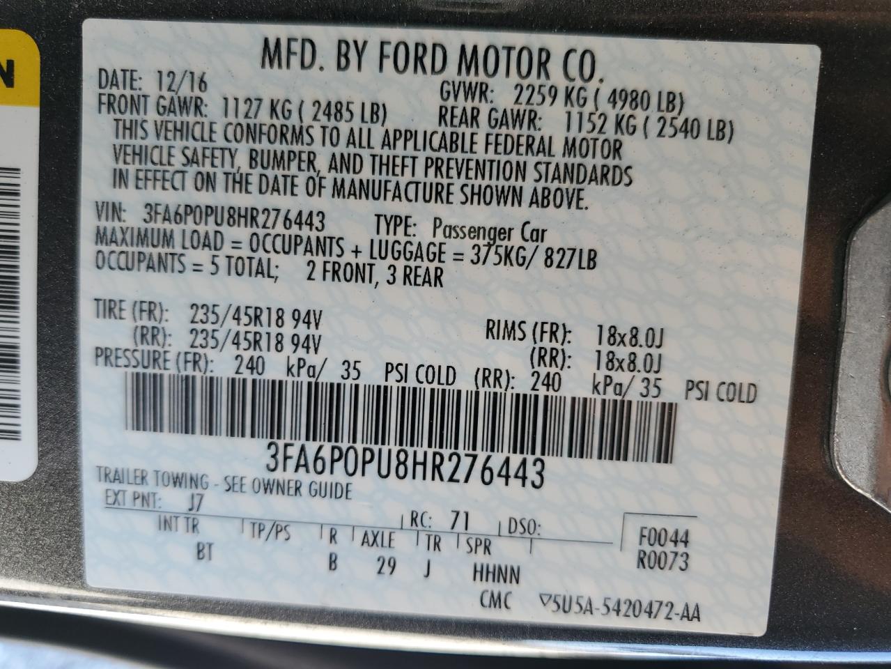 3FA6P0PU8HR276443 FORD FUSION 2017