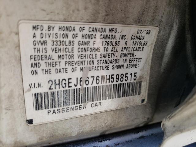 1998 Honda Civic Lx VIN: 2HGEJ6676WH598515 Lot: 54560354