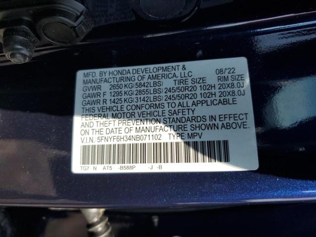 2022 HONDA PILOT SPOR - 5FNYF6H34NB071102