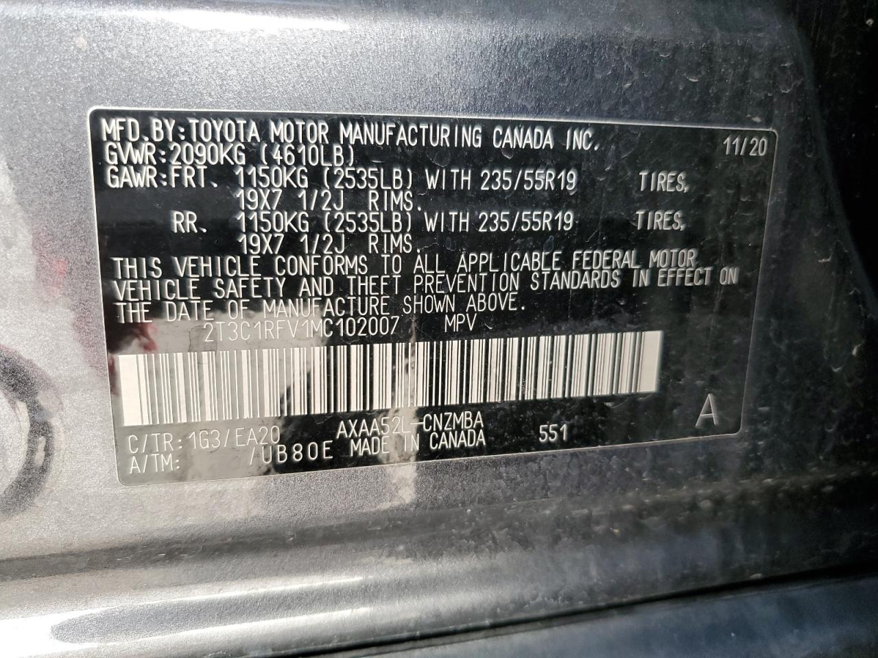 VIN: 2T3C1RFV1MC102007 2021 TOYOTA RAV4