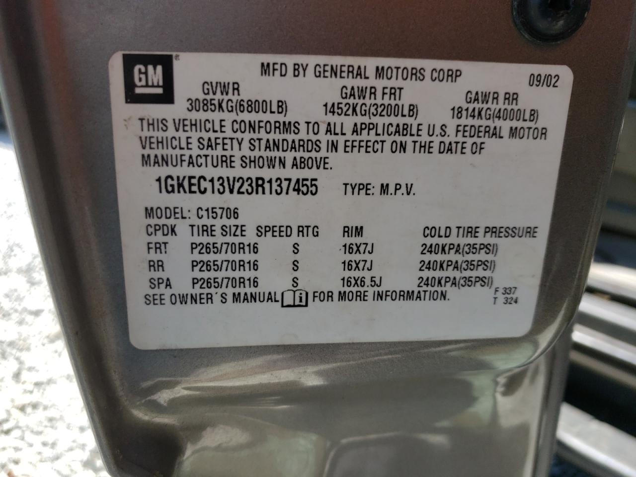 1GKEC13V23R137455 2003 GMC Yukon