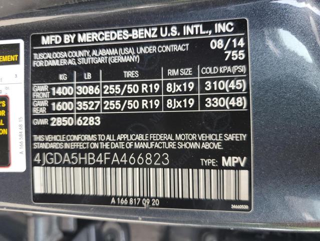 2015 Mercedes-Benz Ml 350 4Matic VIN: 4JGDA5HB4FA466823 Lot: 60398203