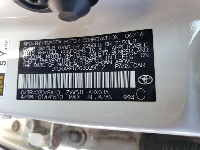 JTDKARFU2G3025012 Toyota PRIUS
