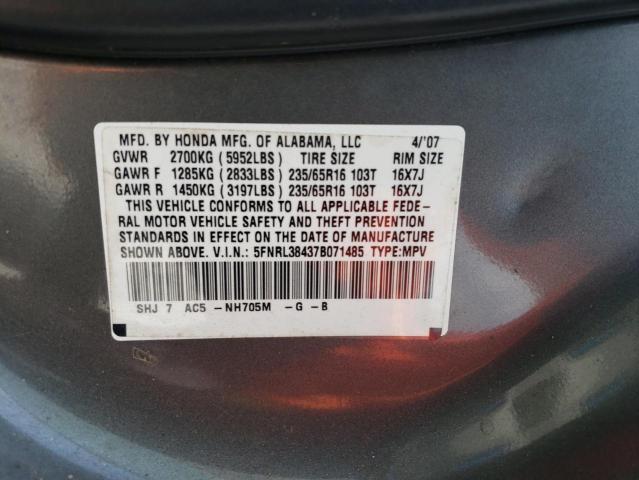 5FNRL38437B071485 | 2007 Honda odyssey ex