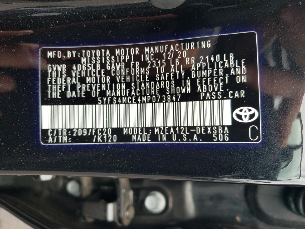 5YFS4MCE4MP073847 2021 Toyota Corolla Se