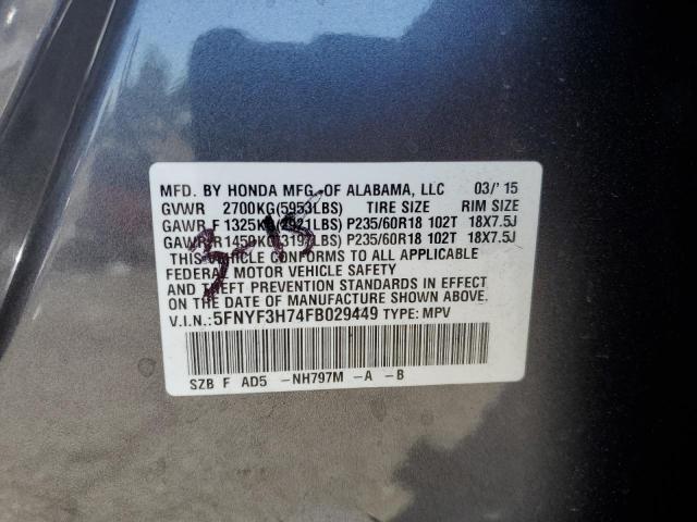 5FNYF3H74FB029449 Honda PILOT EXLN