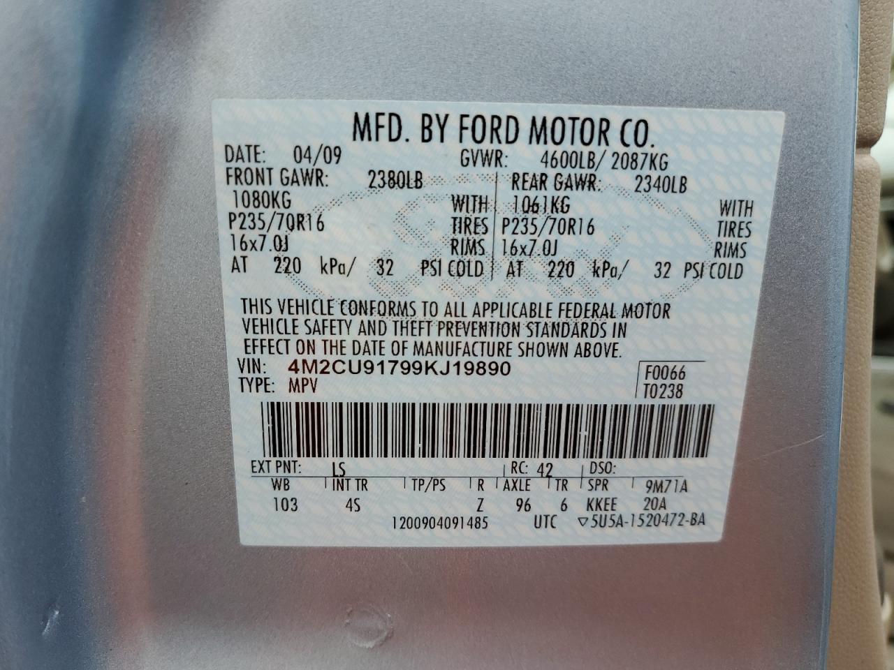 4M2CU91799KJ19890 2009 Mercury Mariner