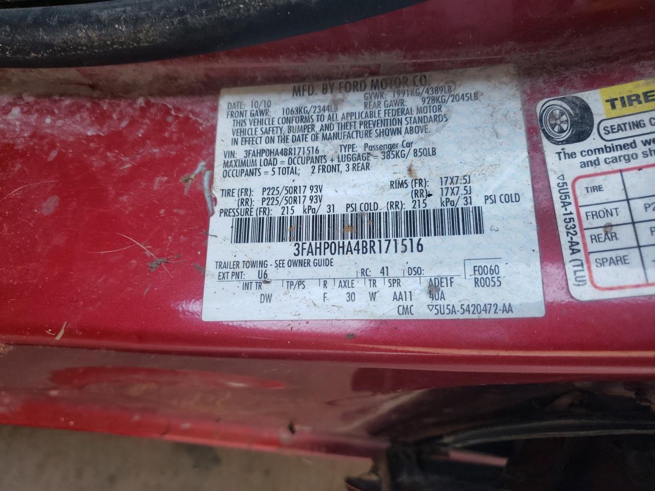 3FAHP0HA4BR171516 2011 Ford Fusion Se