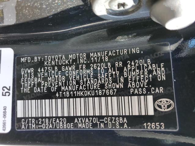 4T1B11HK0KU187667 Toyota Camry L 12