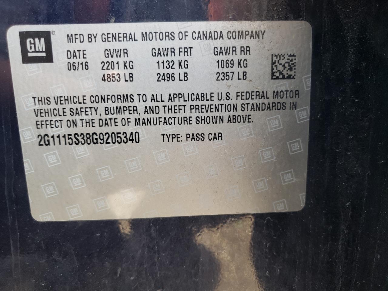 2G1115S38G9205340 2016 Chevrolet Impala Lt