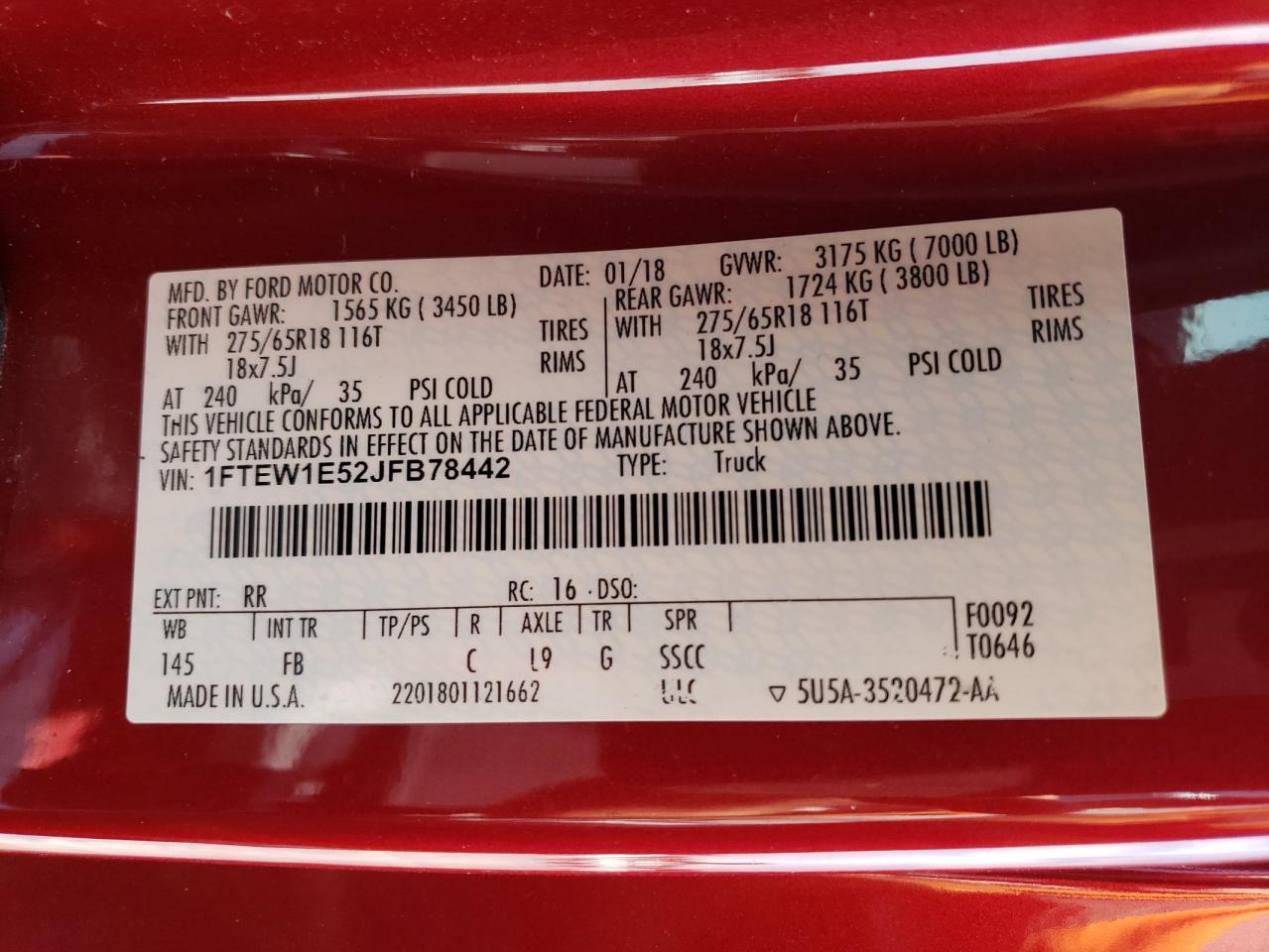 VIN: 1FTEW1E52JFB78442 2018 FORD F-150