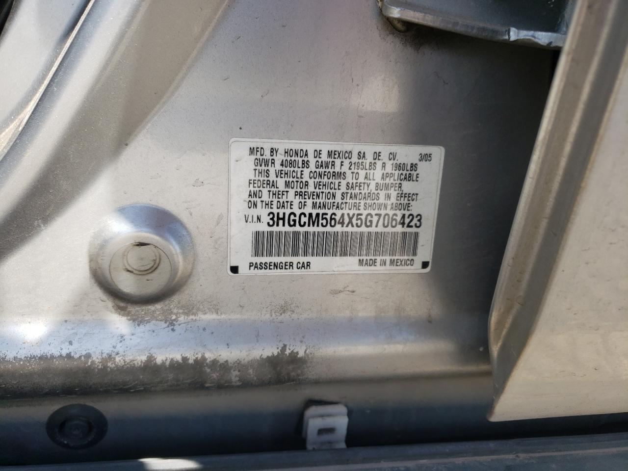 3HGCM564X5G706423 2005 Honda Accord Lx