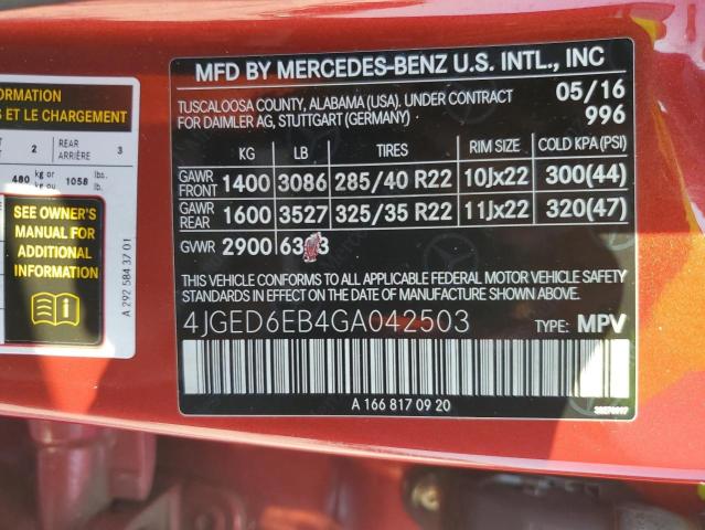 4JGED6EB4GA042503 2016 MERCEDES-BENZ GLE-CLASS, photo no. 12