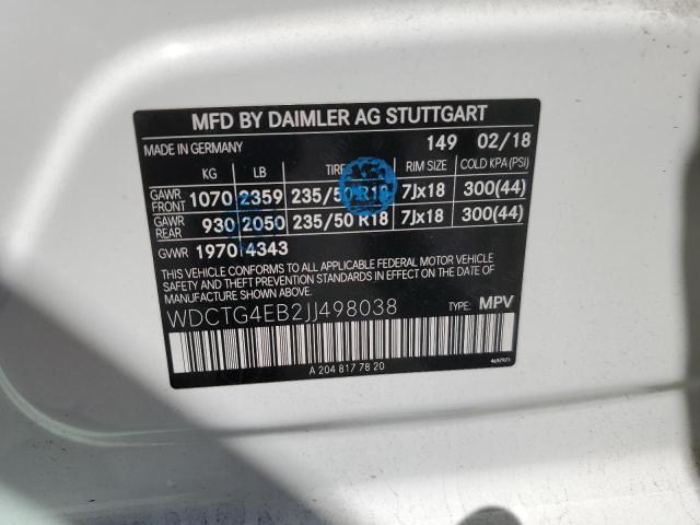 WDCTG4EB2JJ498038 Mercedes-Benz GLA 250