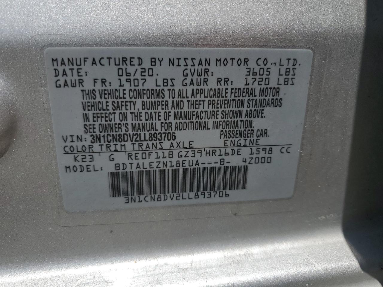 3N1CN8DV2LL893706 2020 Nissan Versa S