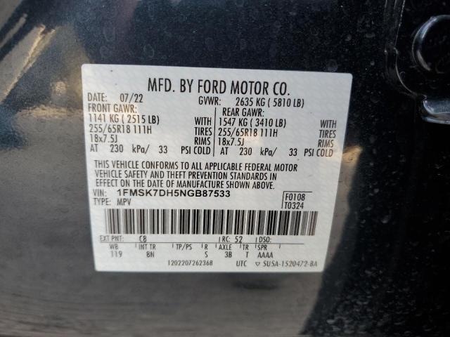 2022 Ford Explorer Xlt VIN: 1FMSK7DH5NGB87533 Lot: 58279173