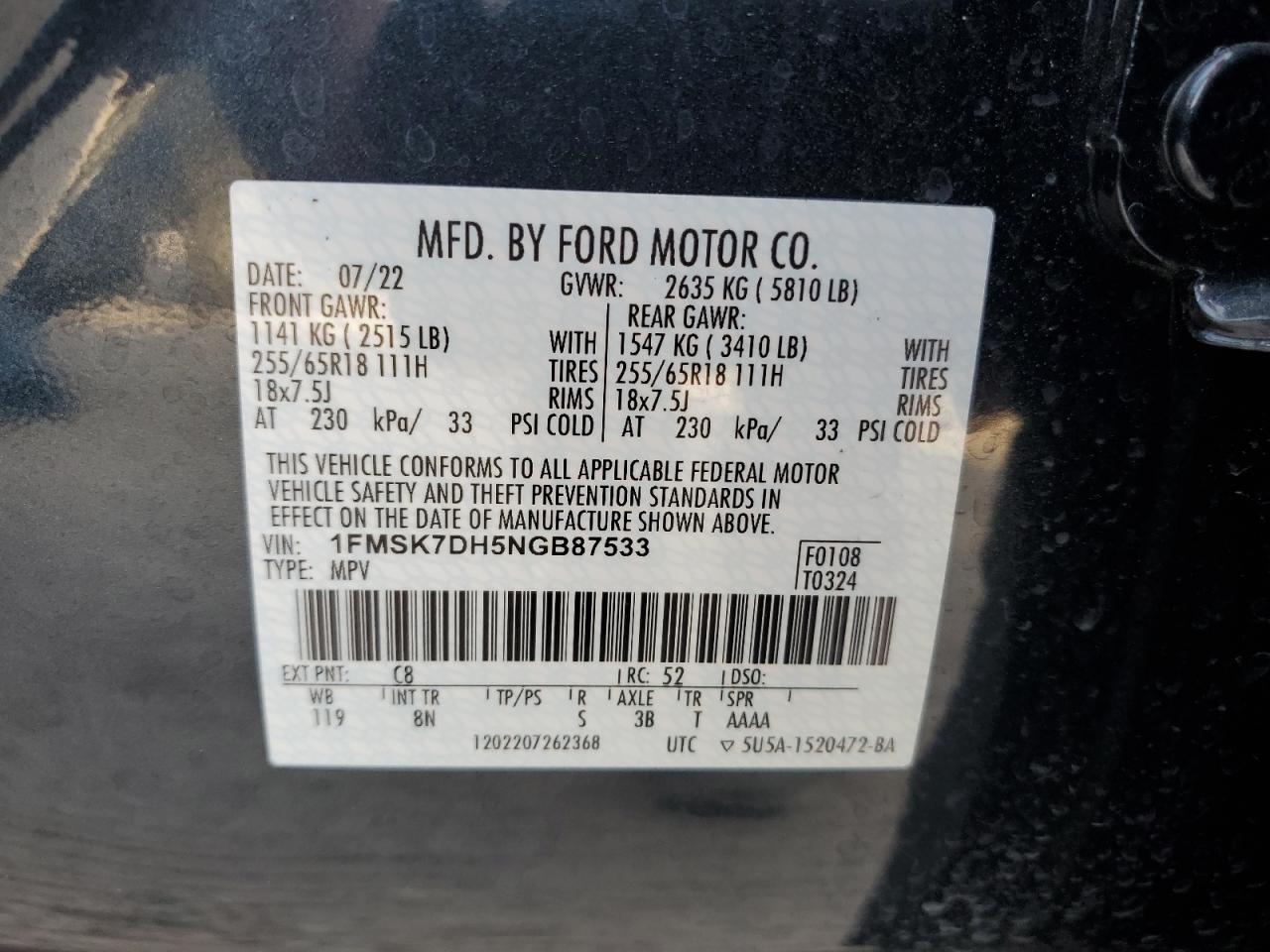 1FMSK7DH5NGB87533 2022 Ford Explorer Xlt