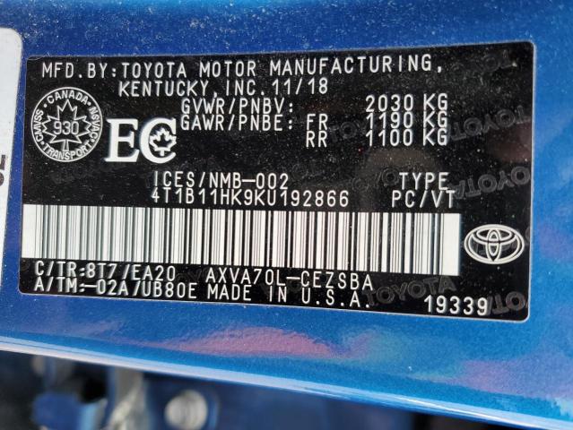 4T1B11HK9KU192866 | 2019 TOYOTA CAMRY L