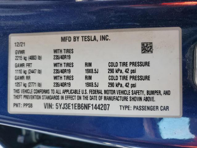2022 TESLA MODEL 3 AW 5YJ3E1EB6NF144207