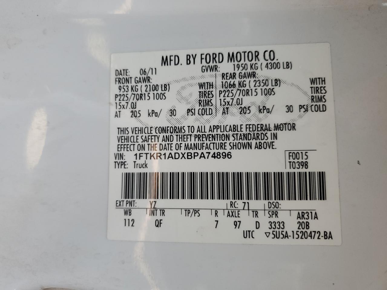 1FTKR1ADXBPA74896 2011 Ford Ranger 1FTKR1ADXBPA74896 2011 Ford Ranger