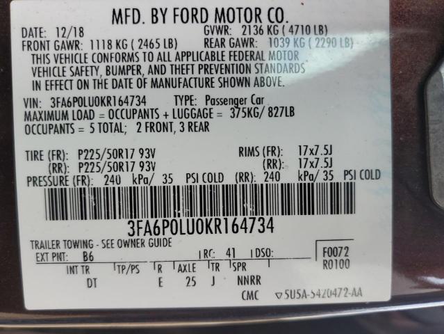 3FA6P0LU0KR164734 2019 FORD FUSION, photo no. 13