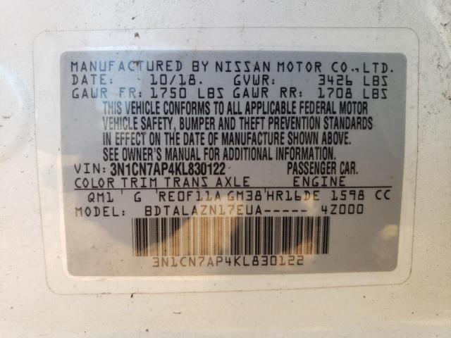 3N1CN7AP4KL830122 Nissan Versa S 12