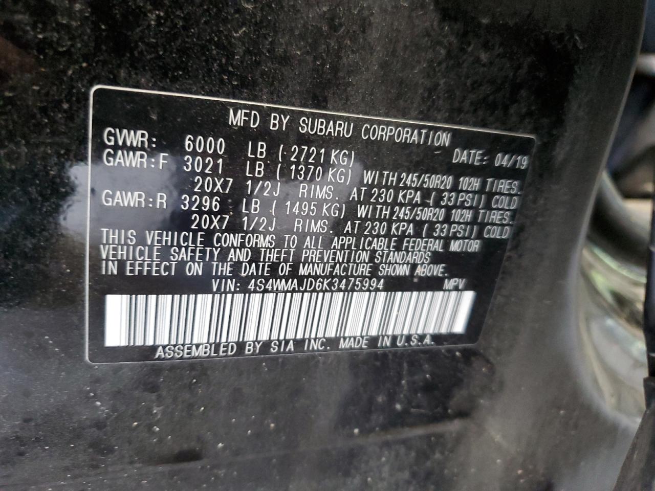 4S4WMAJD6K3475994 2019 Subaru Ascent Limited