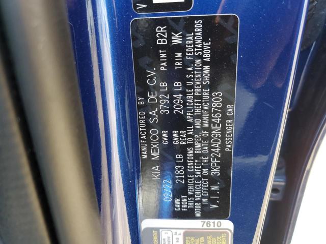 3KPF24AD9NE467803 KIA FORTE FE