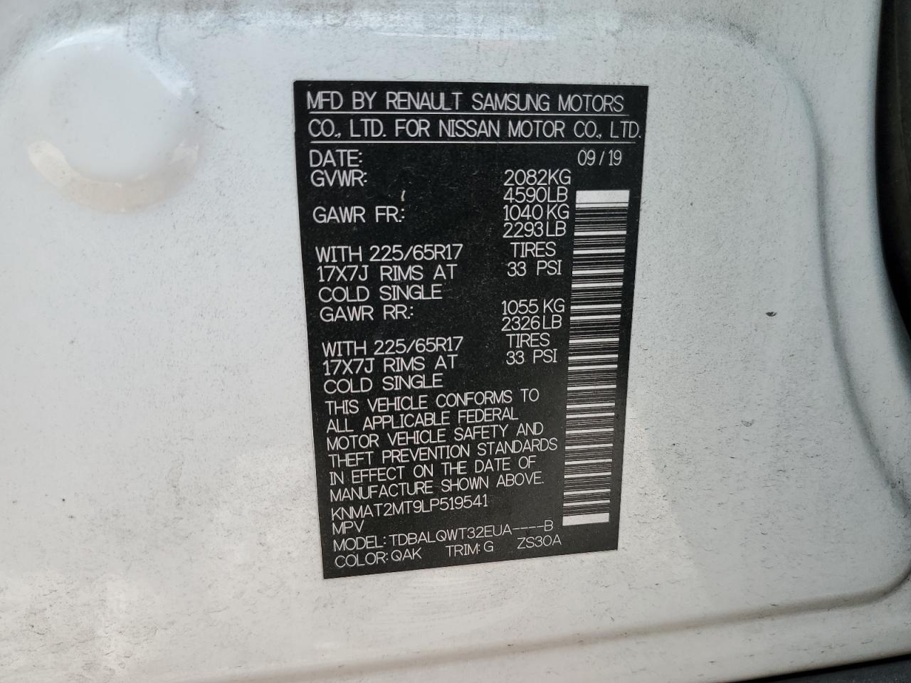 VIN: KNMAT2MT9LP519541 2020 NISSAN ROGUE
