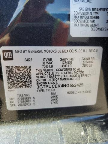 3GTPUCEK4NG552425 | 2022 GMC SIERRA K15