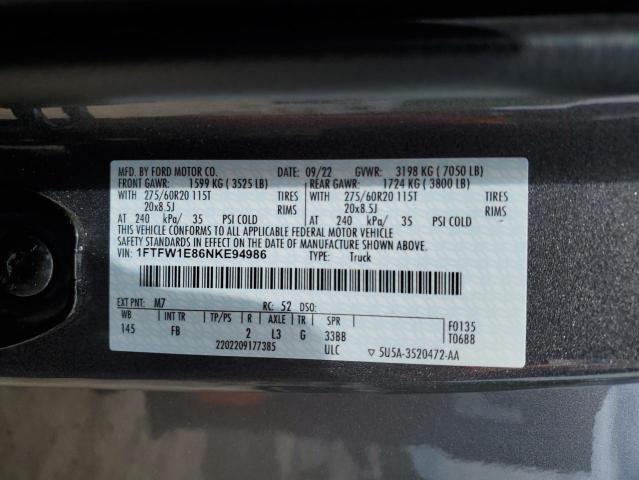 1FTFW1E86NKE94986 Ford F150 Supercrew