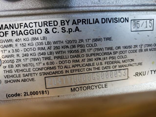 2016 APRILIA TUONO V4 1 ZD4TYU008GS000053