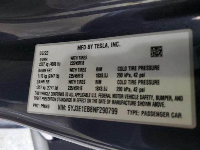 VIN 5YJ3E1EB8NF290799 2022 Tesla MODEL 3 no.13