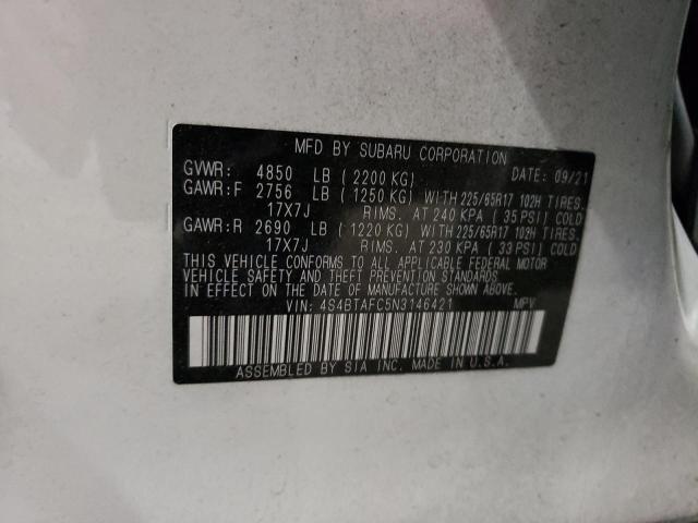 VIN: 4S4BTAFC5N3146421 Auction: COPART Lot: 61113063 Location: OR - PORTLAND SOUTH 4S4BTAFC5N3146421 SUBARU OUTBACK 2022 WHITE Photo 13