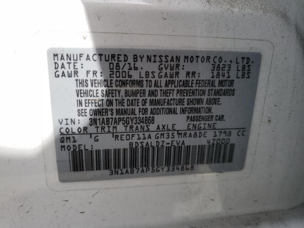 3N1AB7AP5GY334868 2016 Nissan Sentra S