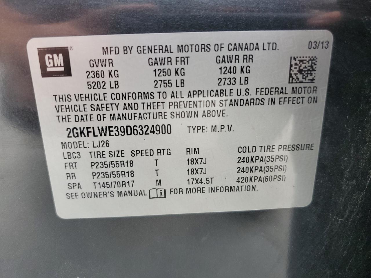 2GKFLWE39D6324900 2013 GMC Terrain Slt