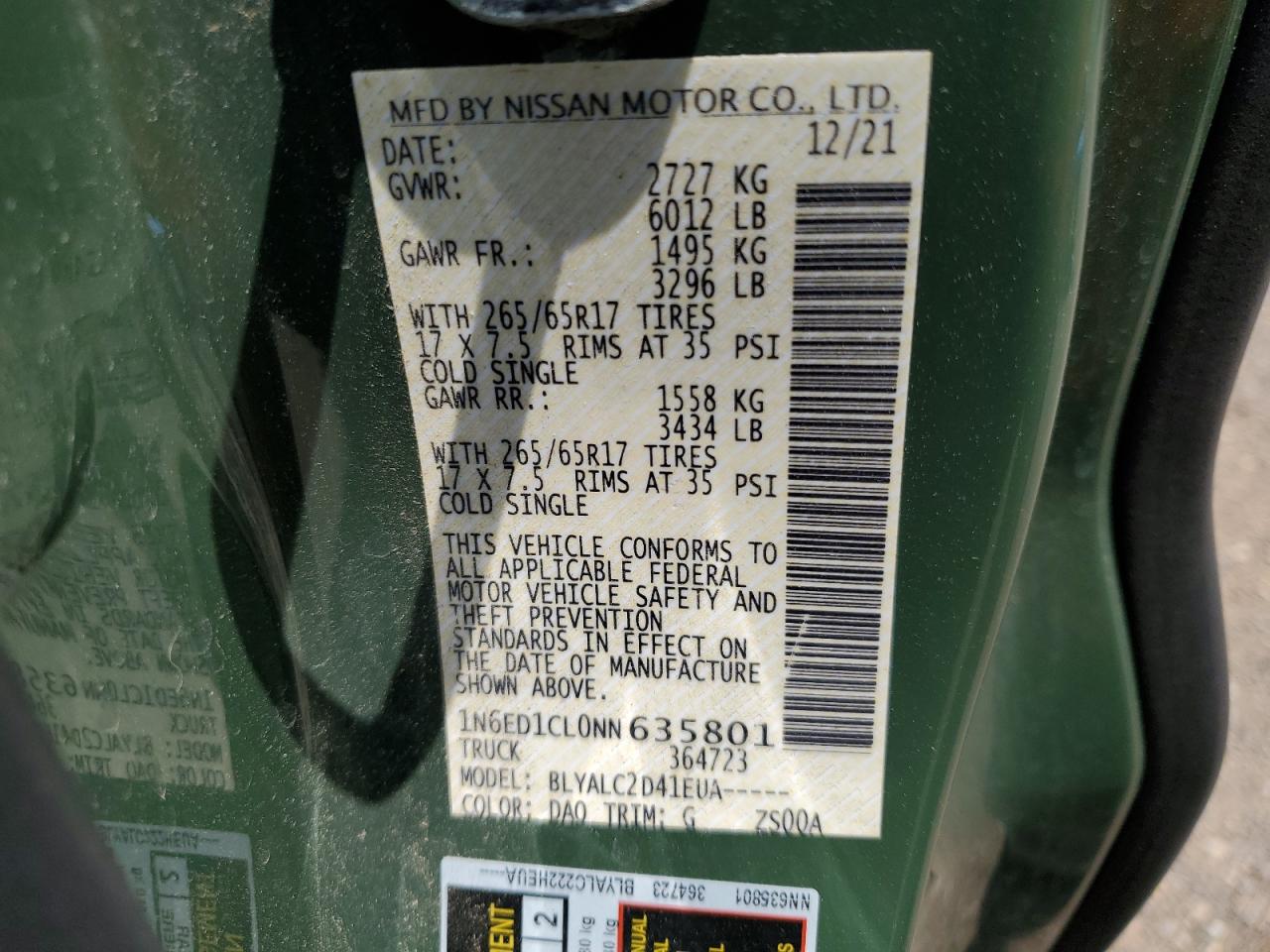 VIN: 1N6ED1CL0NN635801 2022 NISSAN FRONTIER