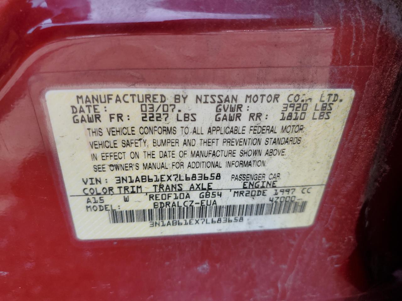 3N1AB61EX7L683658 2007 Nissan Sentra 2.0