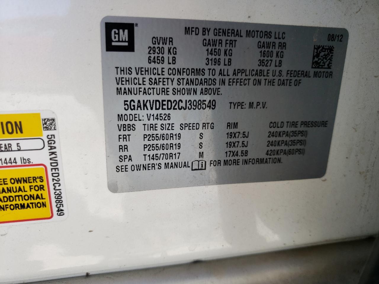 5GAKVDED2CJ398549 2012 Buick Enclave