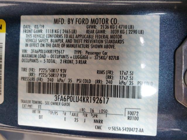 3FA6P0LU4KR192617 2019 FORD FUSION, photo no. 13