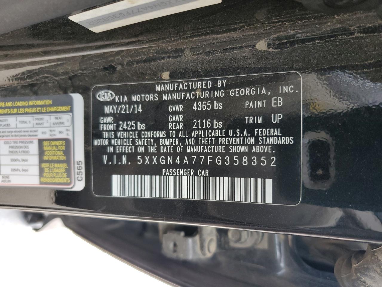 5XXGN4A77FG358352 2015 Kia Optima Ex