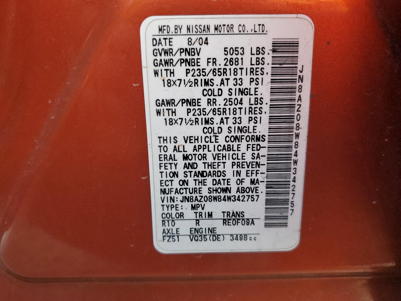 JN8AZ08W84W342757 2004 Nissan Murano Sl